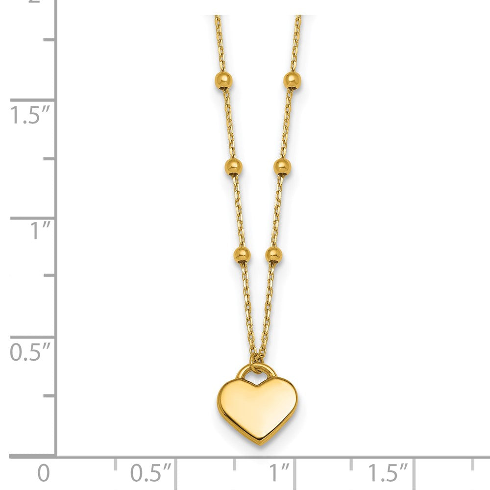 14k Polished Beaded and Heart 16in w/2in ext. Necklace