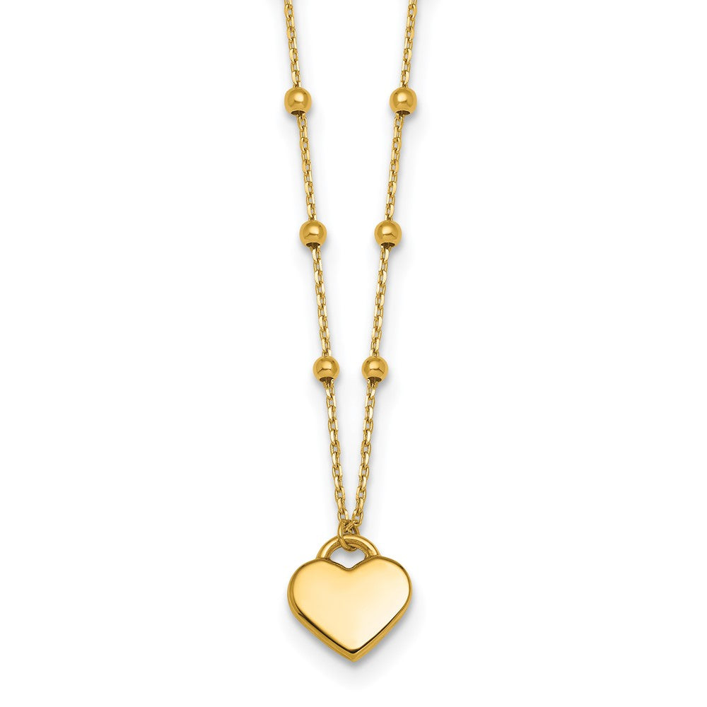 14k Polished Beaded and Heart 16in w/2in ext. Necklace
