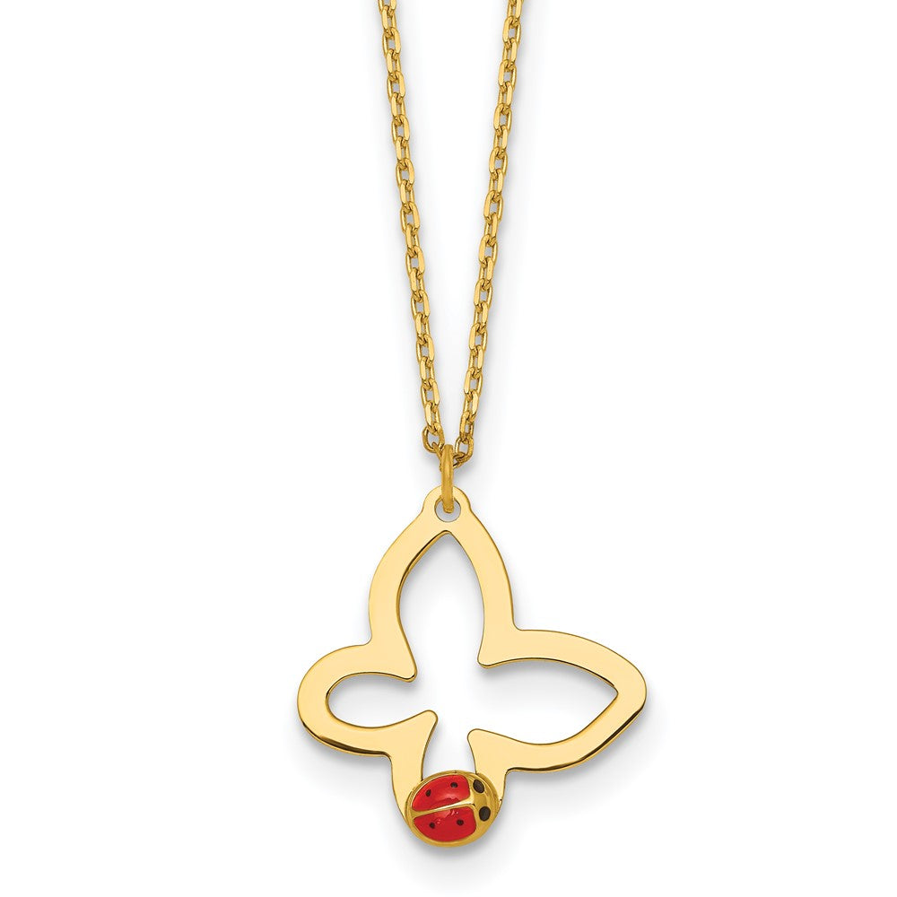 14k Polished Butterfly With Enamel Ladybug w/.75in Ext Children's Necklace