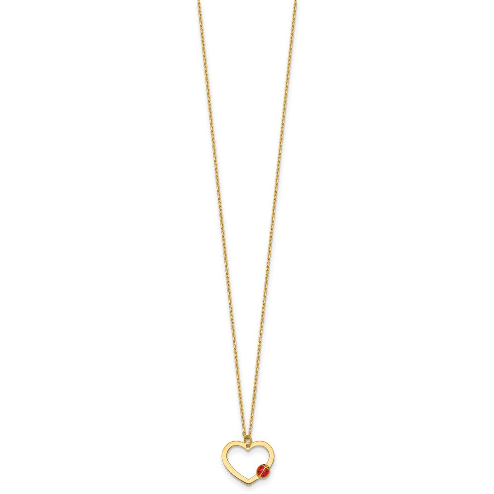 14k Polished Heart With Enamel Ladybug w/.75in Ext Children's Necklace