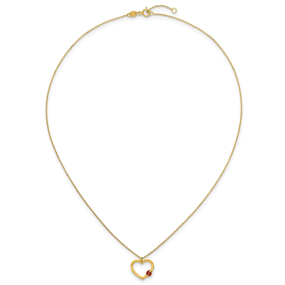 14k Polished Heart With Enamel Ladybug w/.75in Ext Children's Necklace