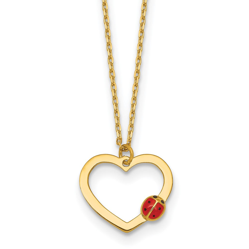 14k Polished Heart With Enamel Ladybug w/.75in Ext Children's Necklace