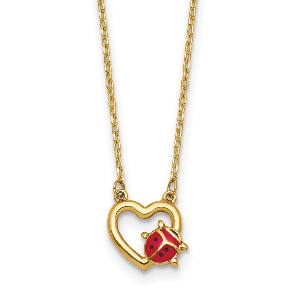 14K Polished Enameled Lady Bug with Heart 17in Necklace