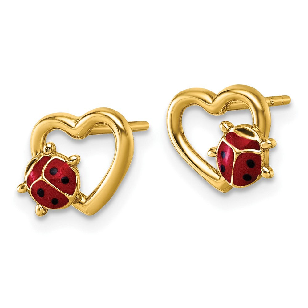 14K Polished Heart with Enameled Lady Bug Post Earrings