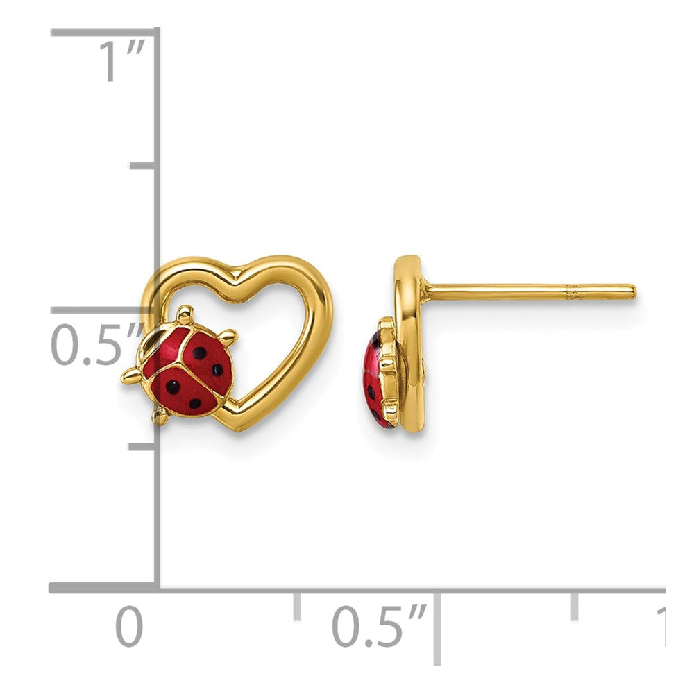 14K Polished Heart with Enameled Lady Bug Post Earrings