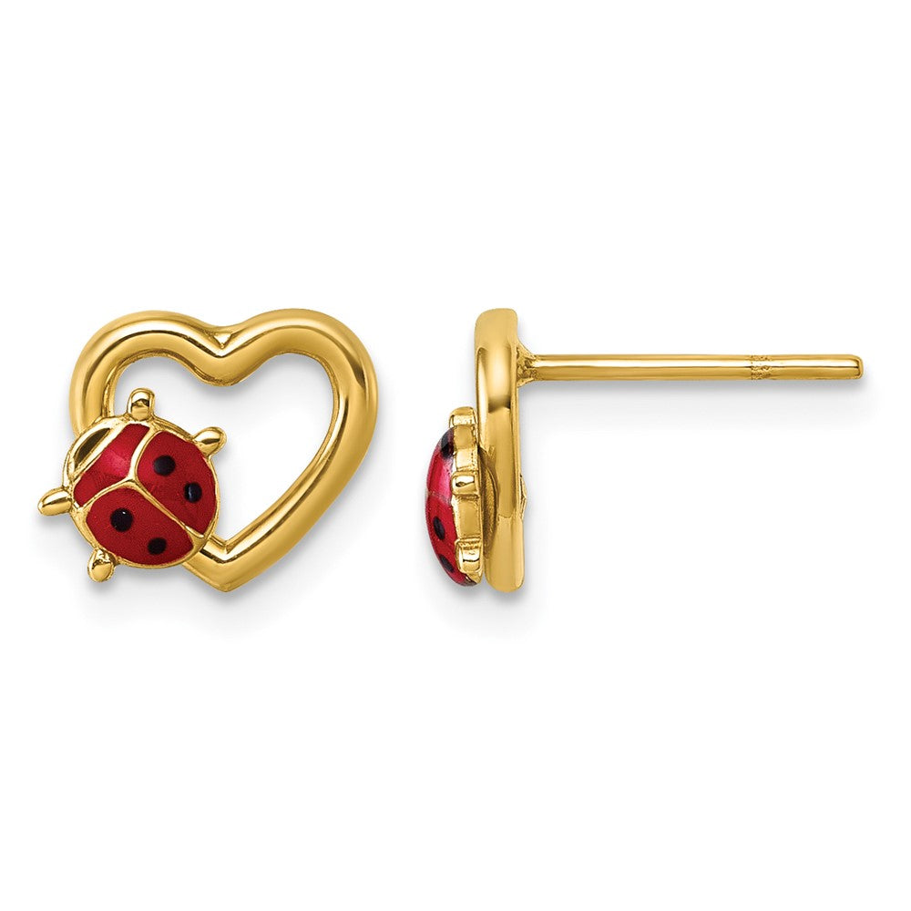 14K Polished Heart with Enameled Lady Bug Post Earrings