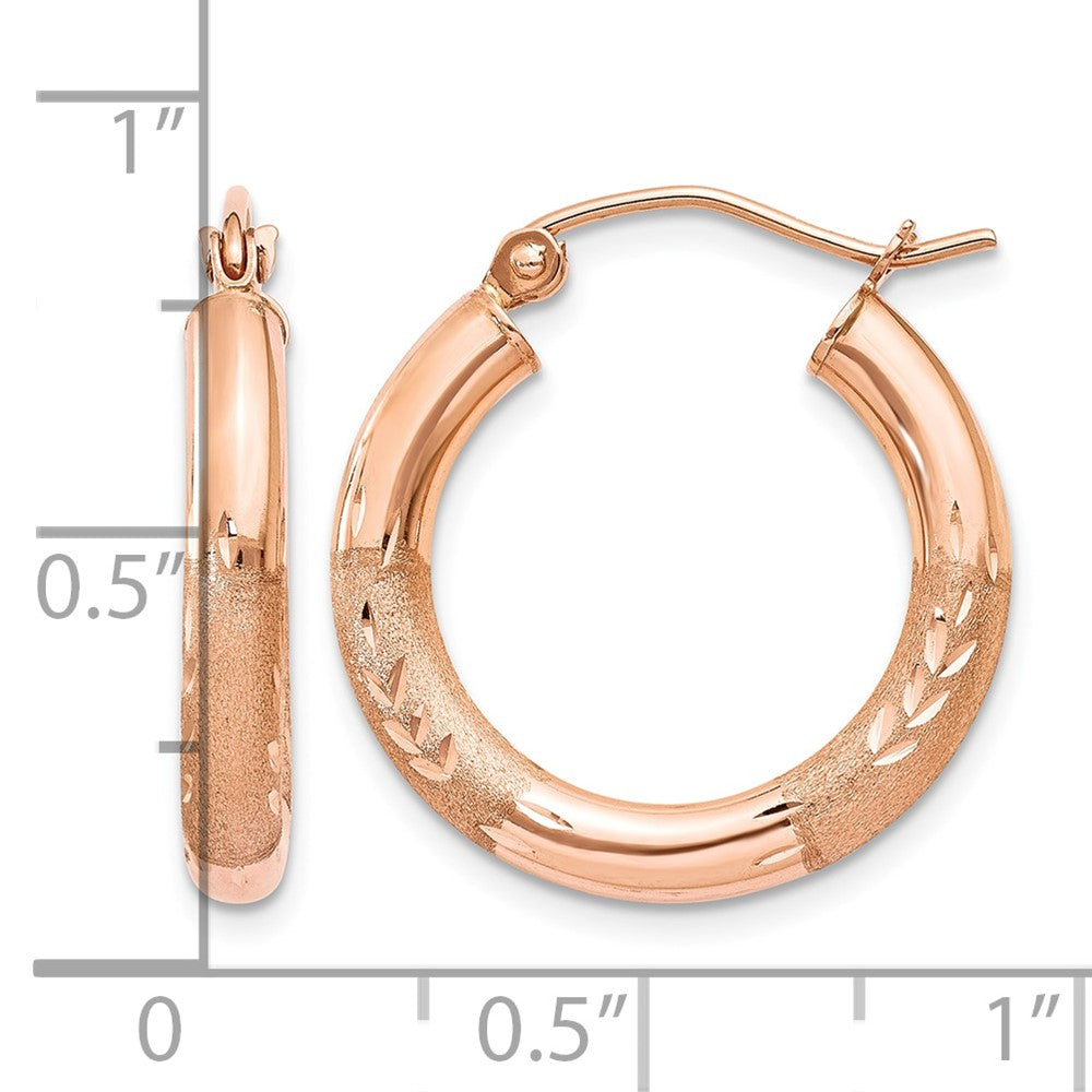 14k Rose Gold 3mm Satin and Diamond-cut Hoop Earrings