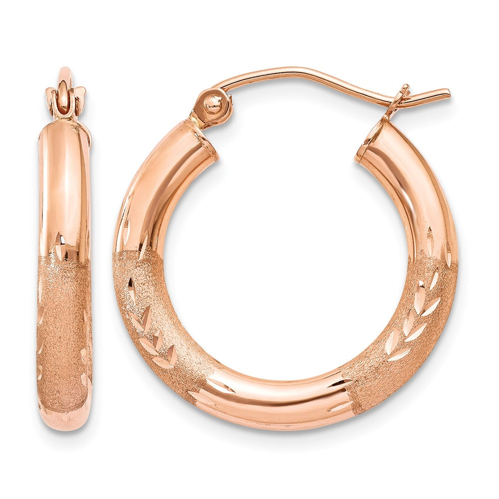 14k Rose Gold 3mm Satin and Diamond-cut Hoop Earrings
