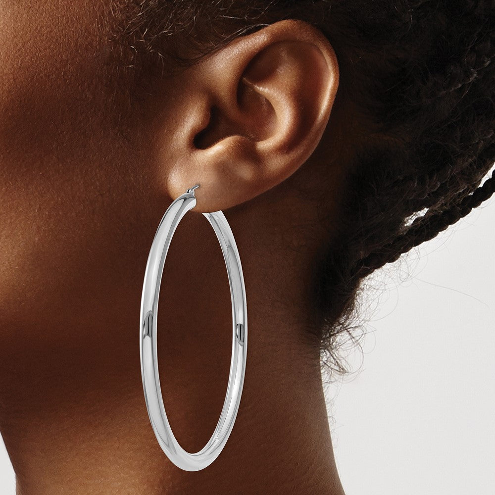 10k White Gold 4mm x 65mm Tube Hoop Earrings