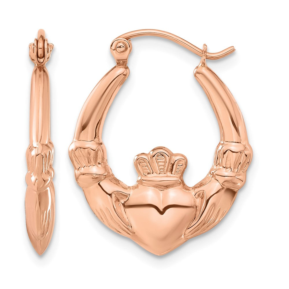 14k Rose Gold Polished Claddagh Hoop Earrings