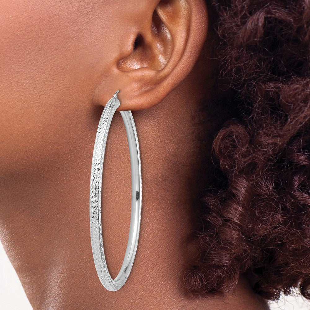 14k White Gold Diamond-cut 4x70mm Lightweight Tube Hoop Earrings