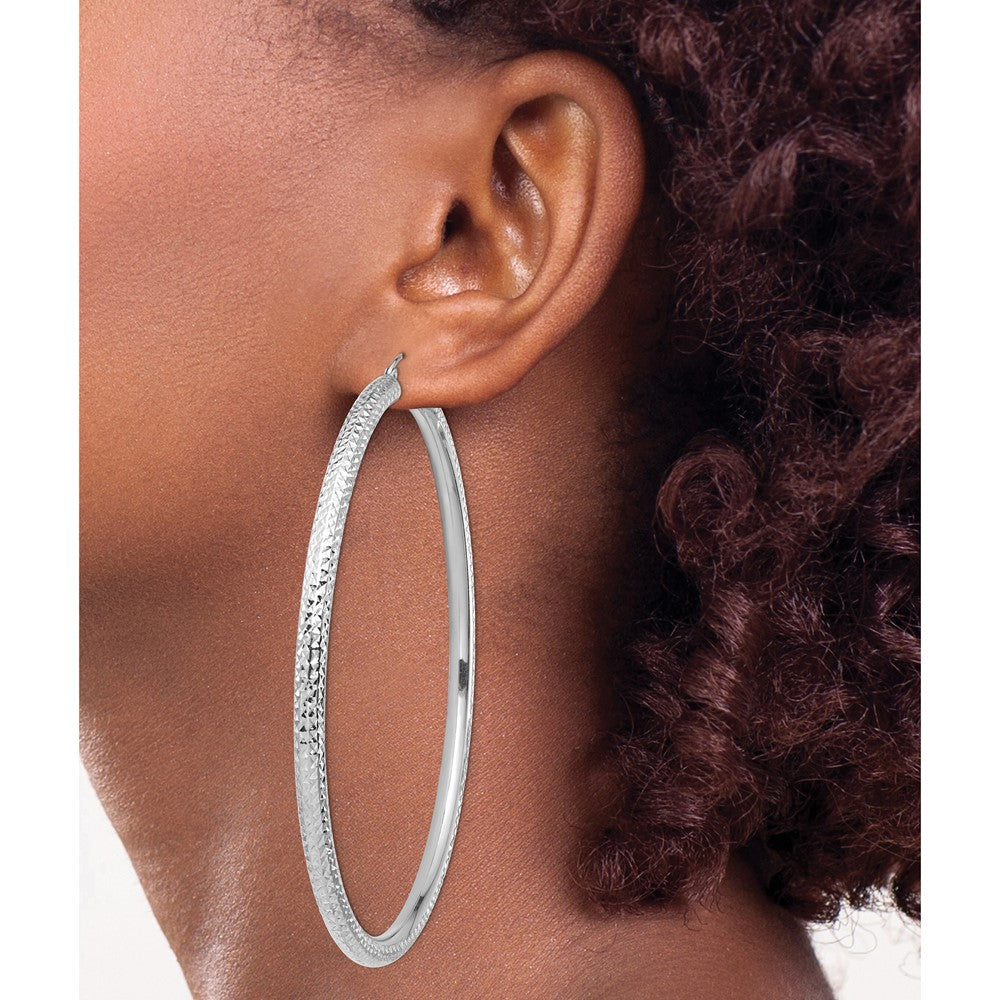 14k White Gold Diamond-cut 4x80mm Lightweight Tube Hoop Earrings