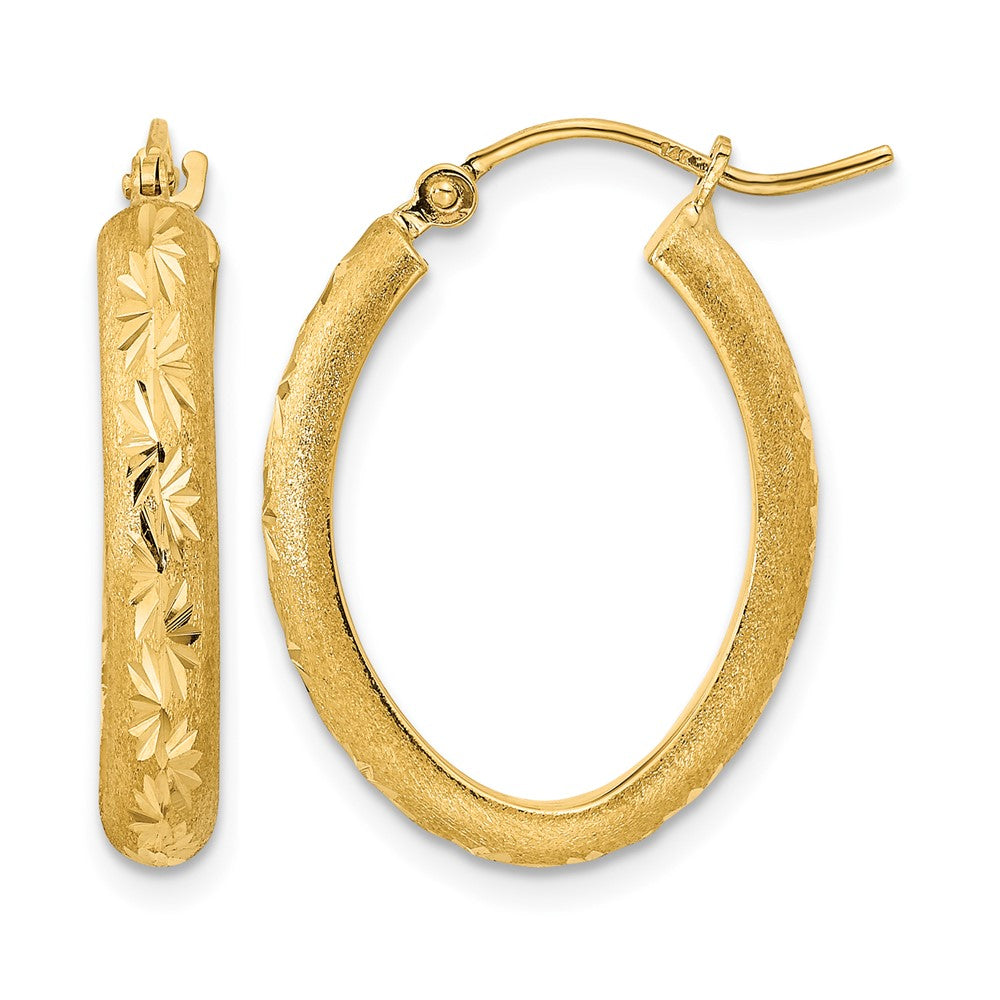 14K Polished and Satin Diamond-cut Oval Hoop Earrings