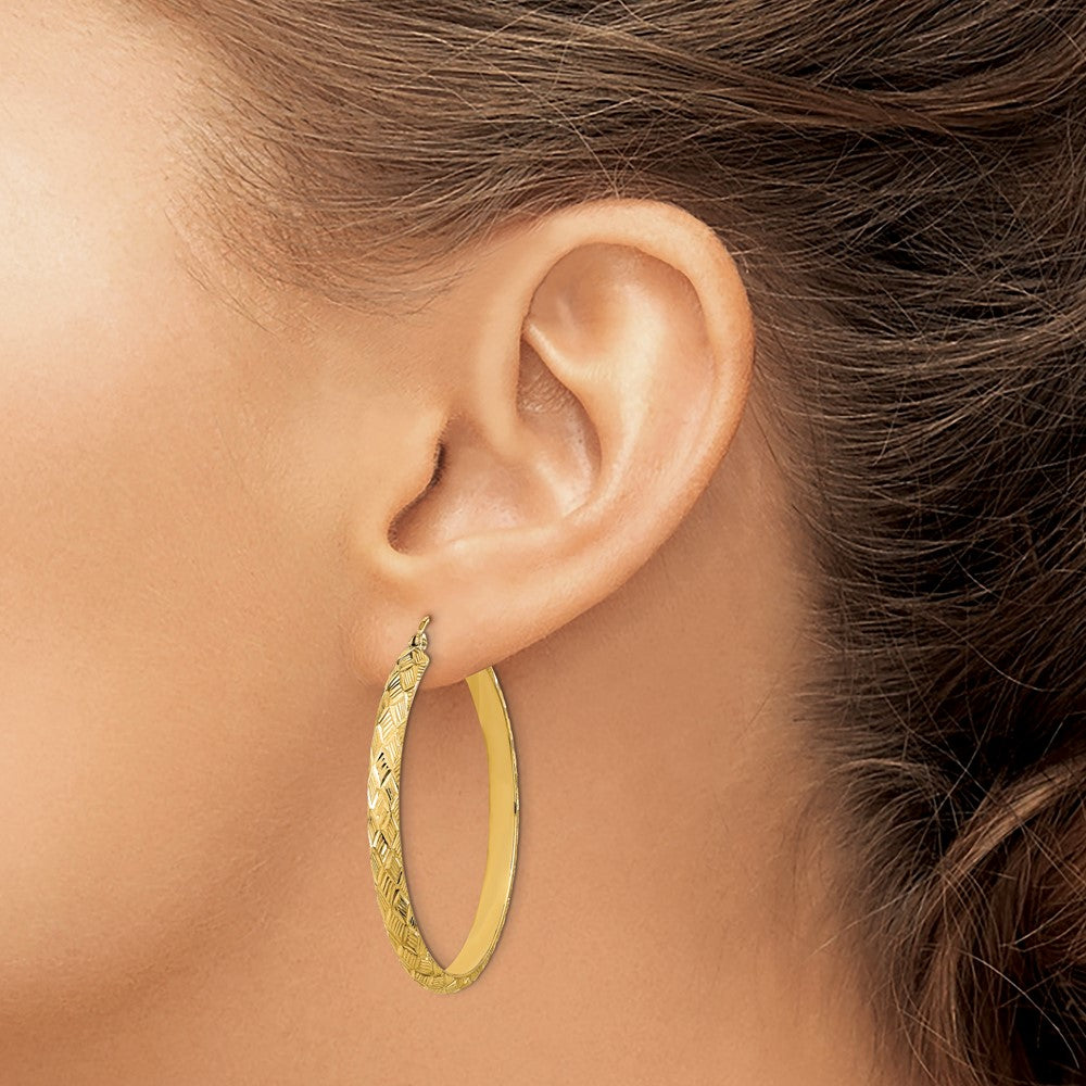14K Polished and Textured Fancy Diamond Cut Hoop Earrings