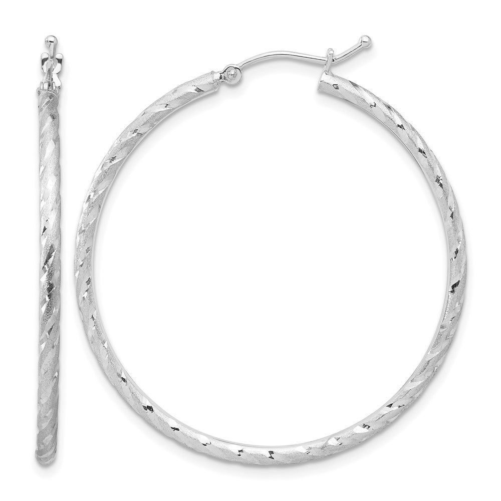 14k White Gold Polished and Satin D/C 2.00mm Hoop Earrings