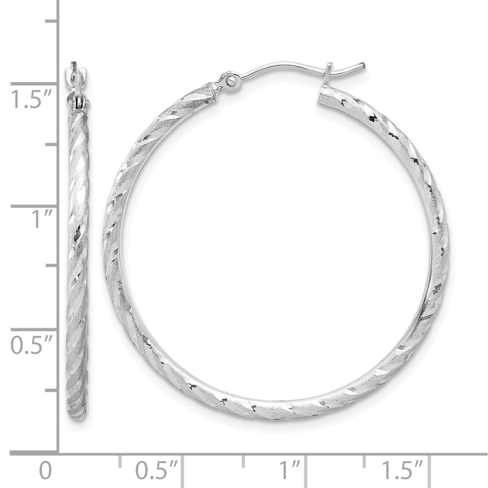 14k White Gold Polished and Satin D/C 2.00mm Hoop Earrings