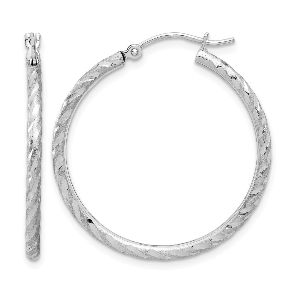 14k White Gold Polished and Satin D/C 2.00mm Hoop Earrings