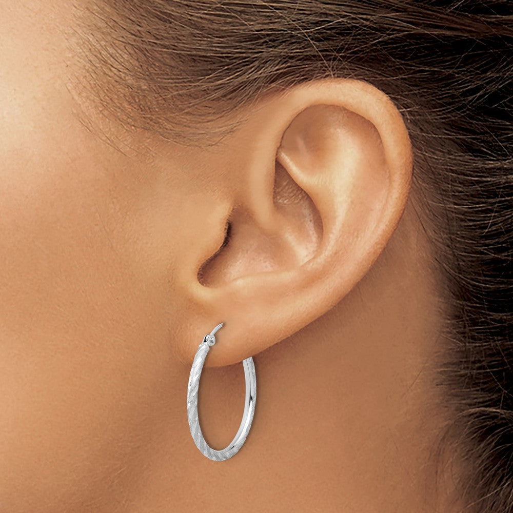 14k White Gold Polished and Satin D/C 2.00mm Hoop Earrings