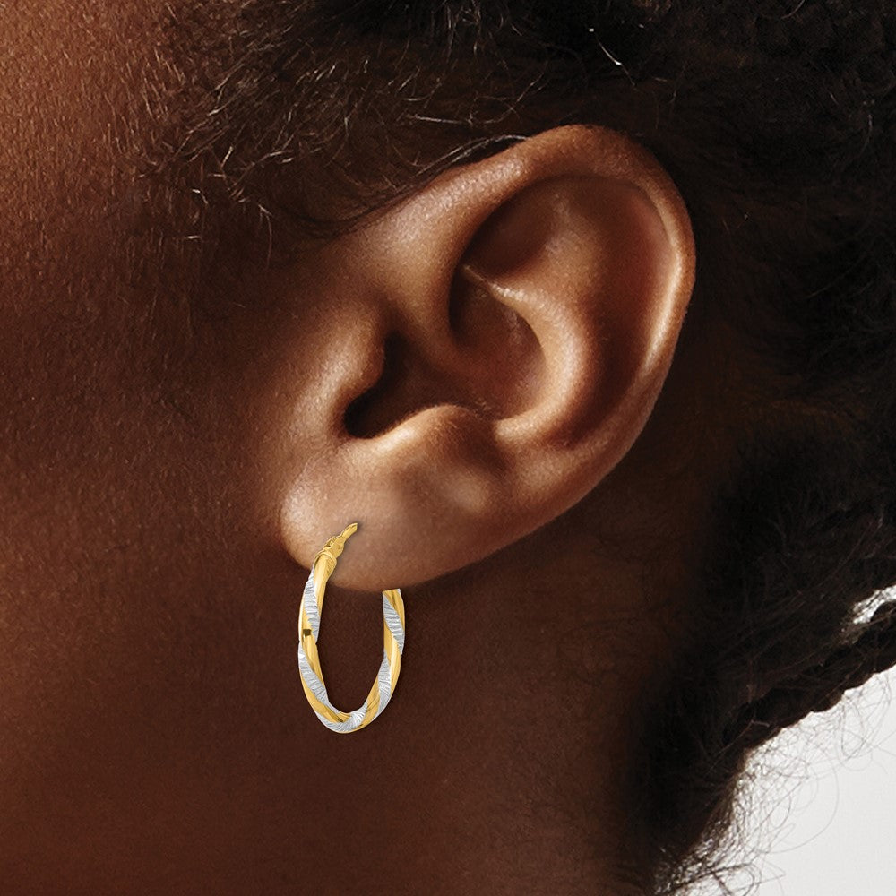 14K and White Rhodium Polished Diamond-cut Hoop Earrings