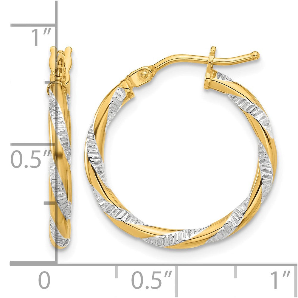 14K and White Rhodium Polished Diamond-cut Hoop Earrings