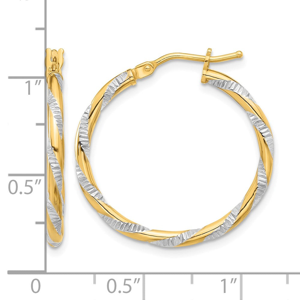 14K and White Rhodium Polished Diamond-cut Hoop Earrings