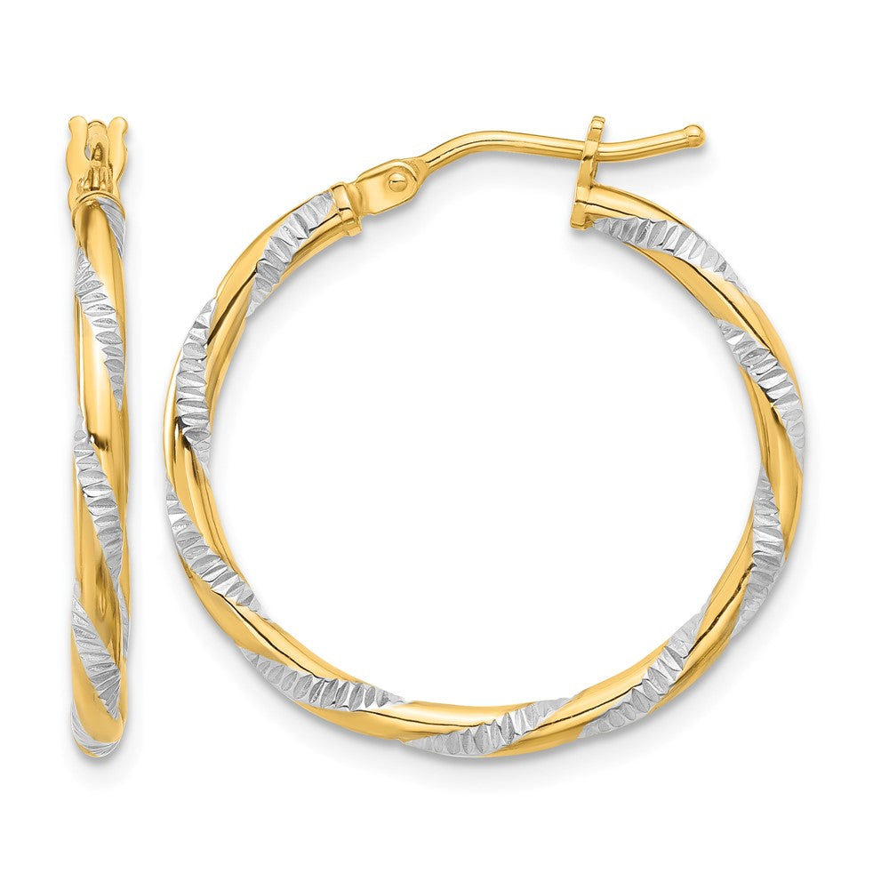 14K and White Rhodium Polished Diamond-cut Hoop Earrings