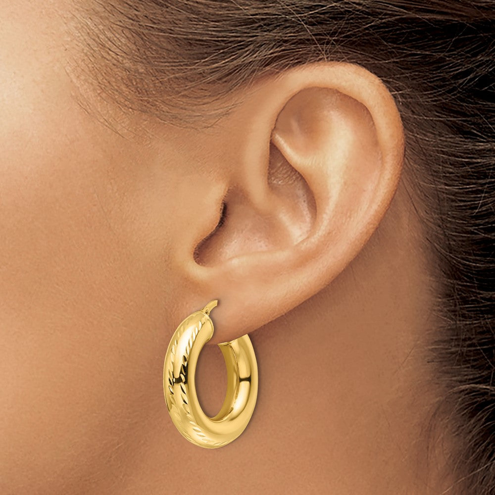 14k Polished Diamond-cut 6mm Hollow Round Hoop Earrings