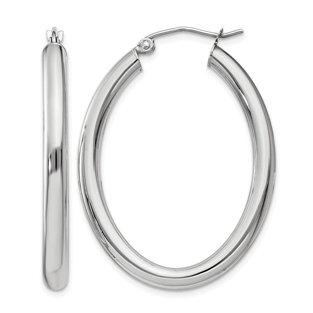 14k White Gold Polished 3.5mm Oval Tube Hoop Earrings