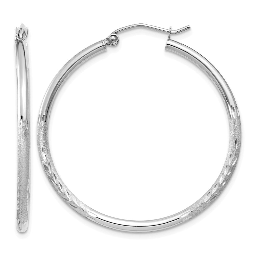 14k White Gold Satin and Diamond-cut 2mm Round Hoop Earrings