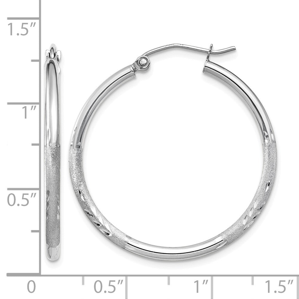 14k White Gold Satin and Diamond-cut 2mm Round Hoop Earrings