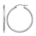 14k White Gold Satin and Diamond-cut 2mm Round Hoop Earrings