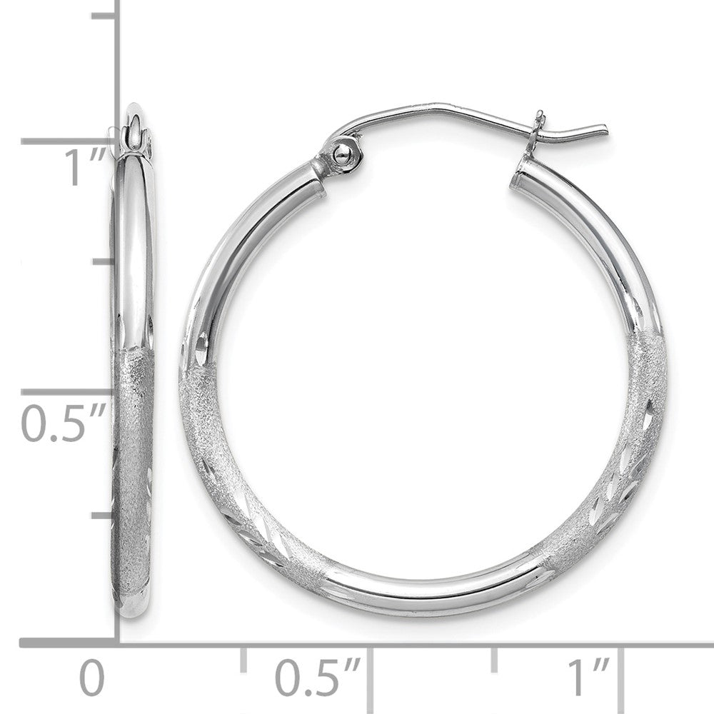 14k White Gold Satin and Diamond-cut 2mm Round Hoop Earrings