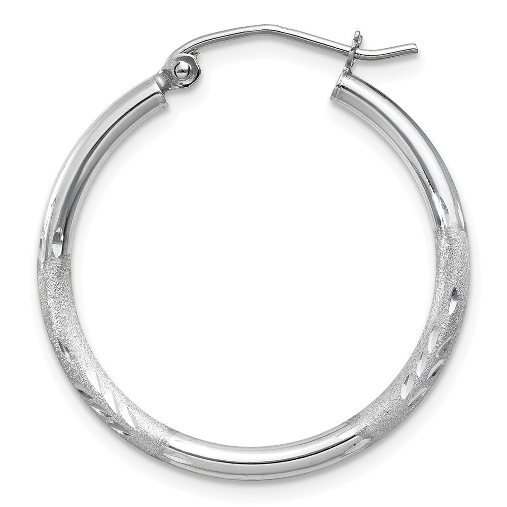 Single 14k White Gold Satin and Diamond-cut 2mm Round Hoop Earring