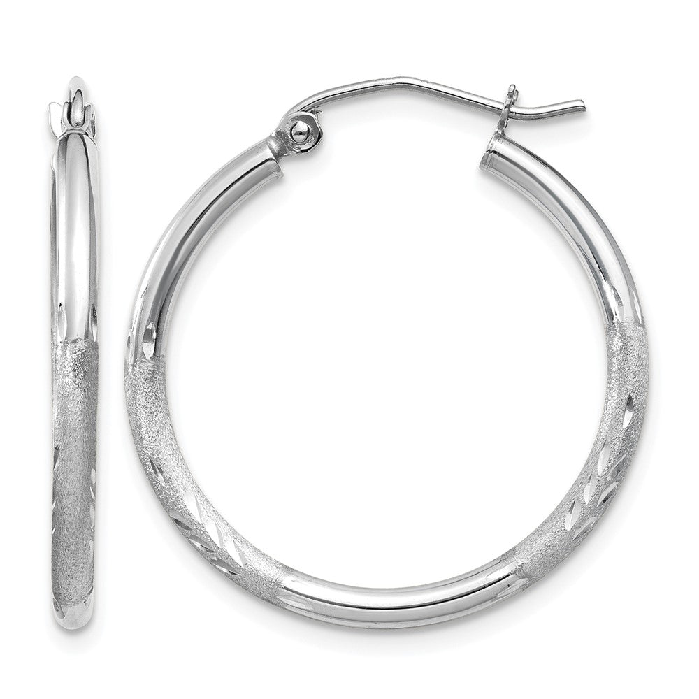 14k White Gold Satin and Diamond-cut 2mm Round Hoop Earrings