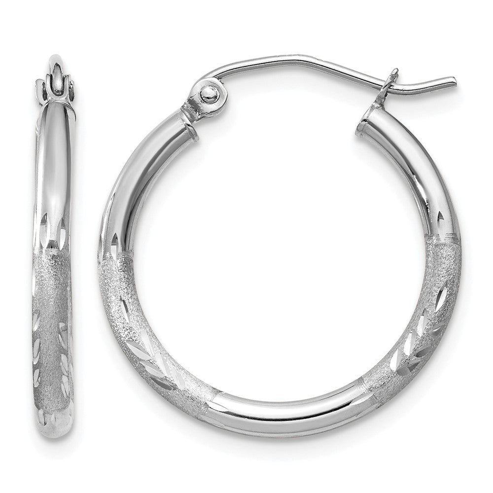 14k White Gold Satin and Diamond-cut 2mm Round Hoop Earrings