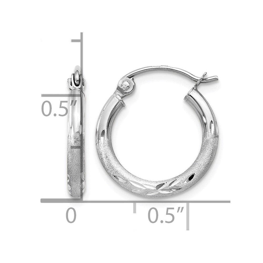 14k White Gold Satin and Diamond-cut 2mm Round Hoop Earrings