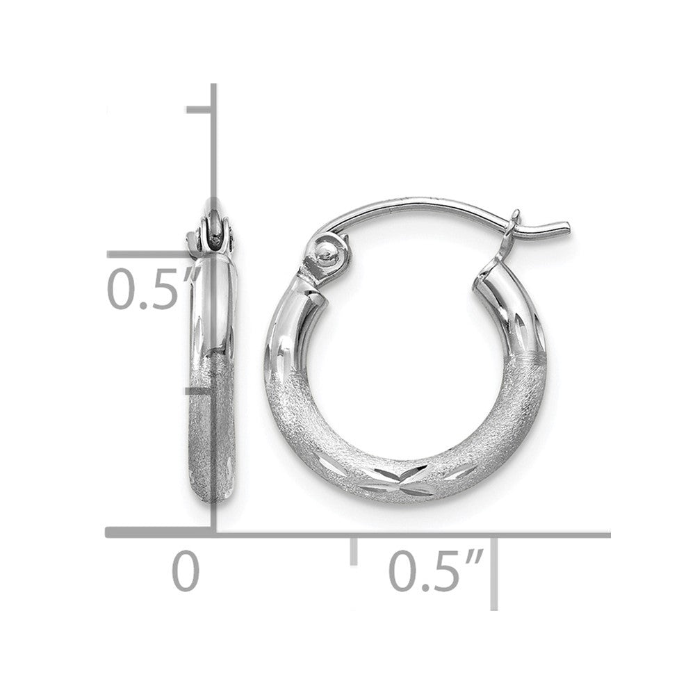 14k White Gold Satin and Diamond-cut 2mm Round Hoop Earrings