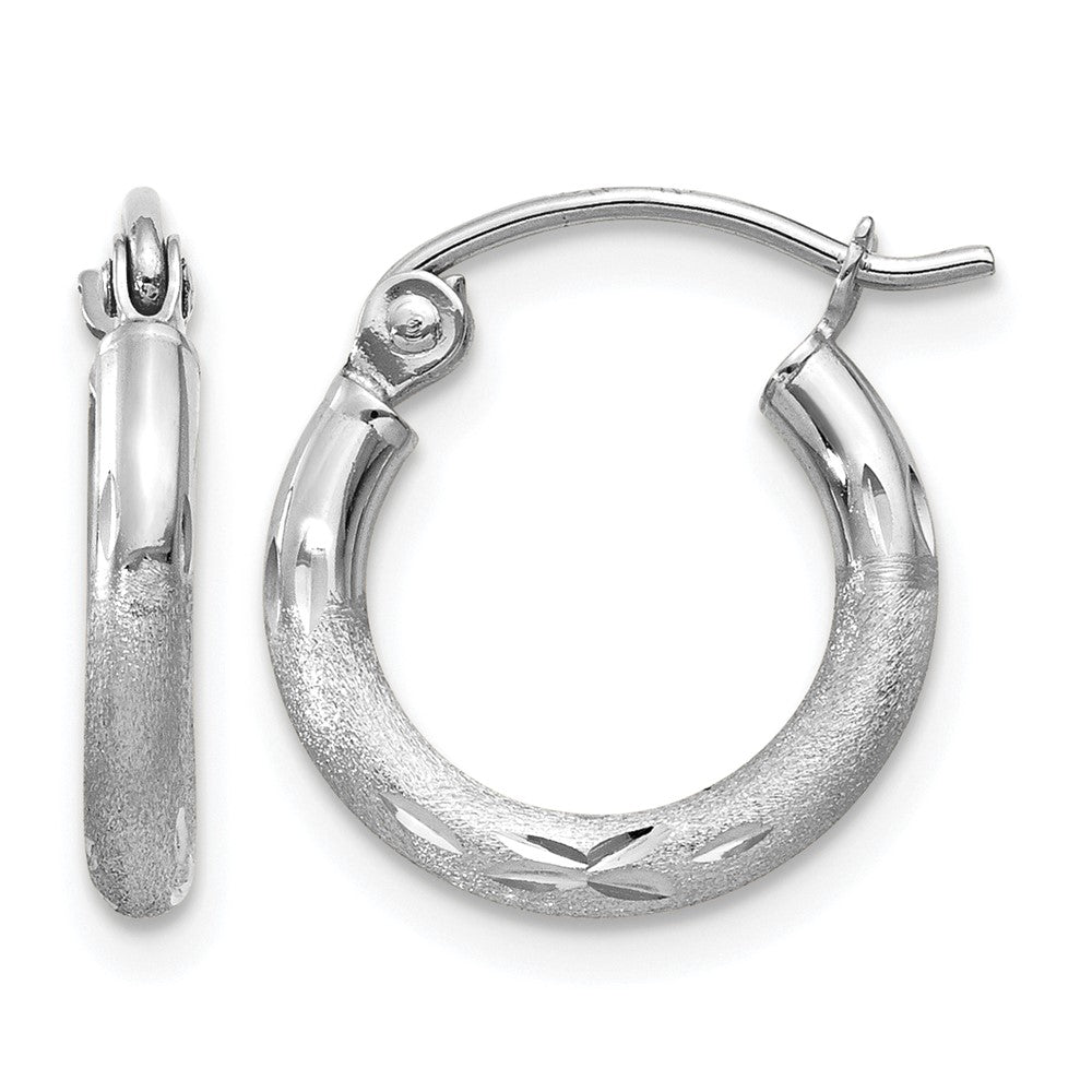 14k White Gold Satin and Diamond-cut 2mm Round Hoop Earrings