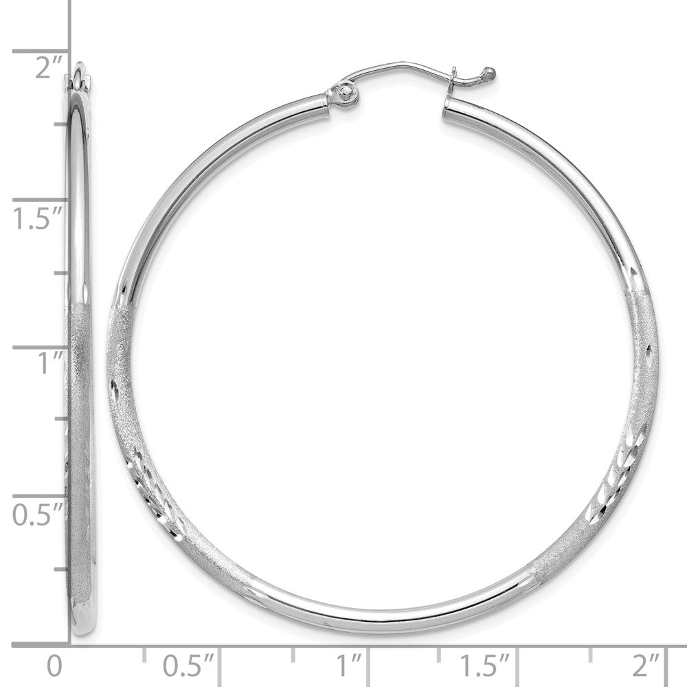14k White Gold Satin and Diamond-cut 2mm Round Hoop Earrings