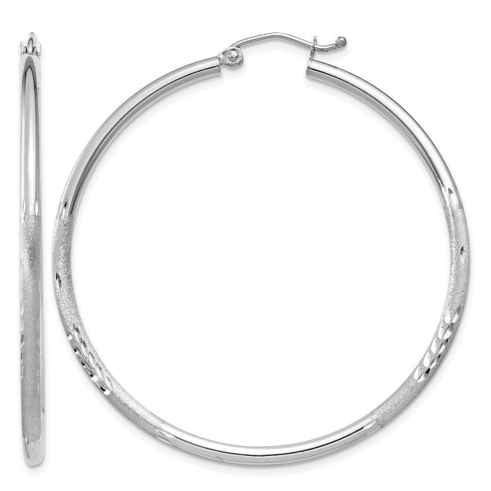 14k White Gold Satin and Diamond-cut 2mm Round Hoop Earrings