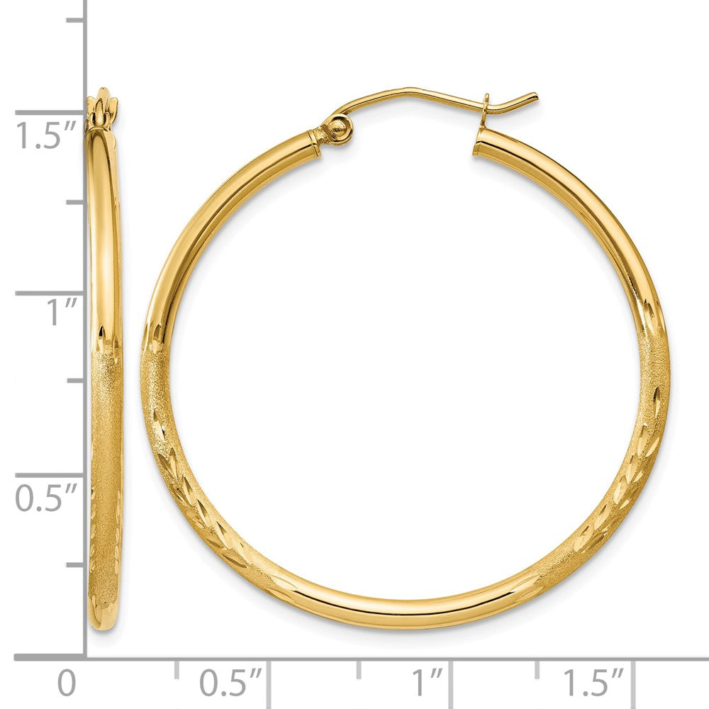 14k Satin and Diamond-cut 2mm Round Tube Hoop Earrings