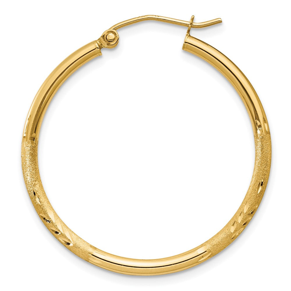 Single 14k Satin and Diamond-cut 2mm Round Tube Hoop Earring