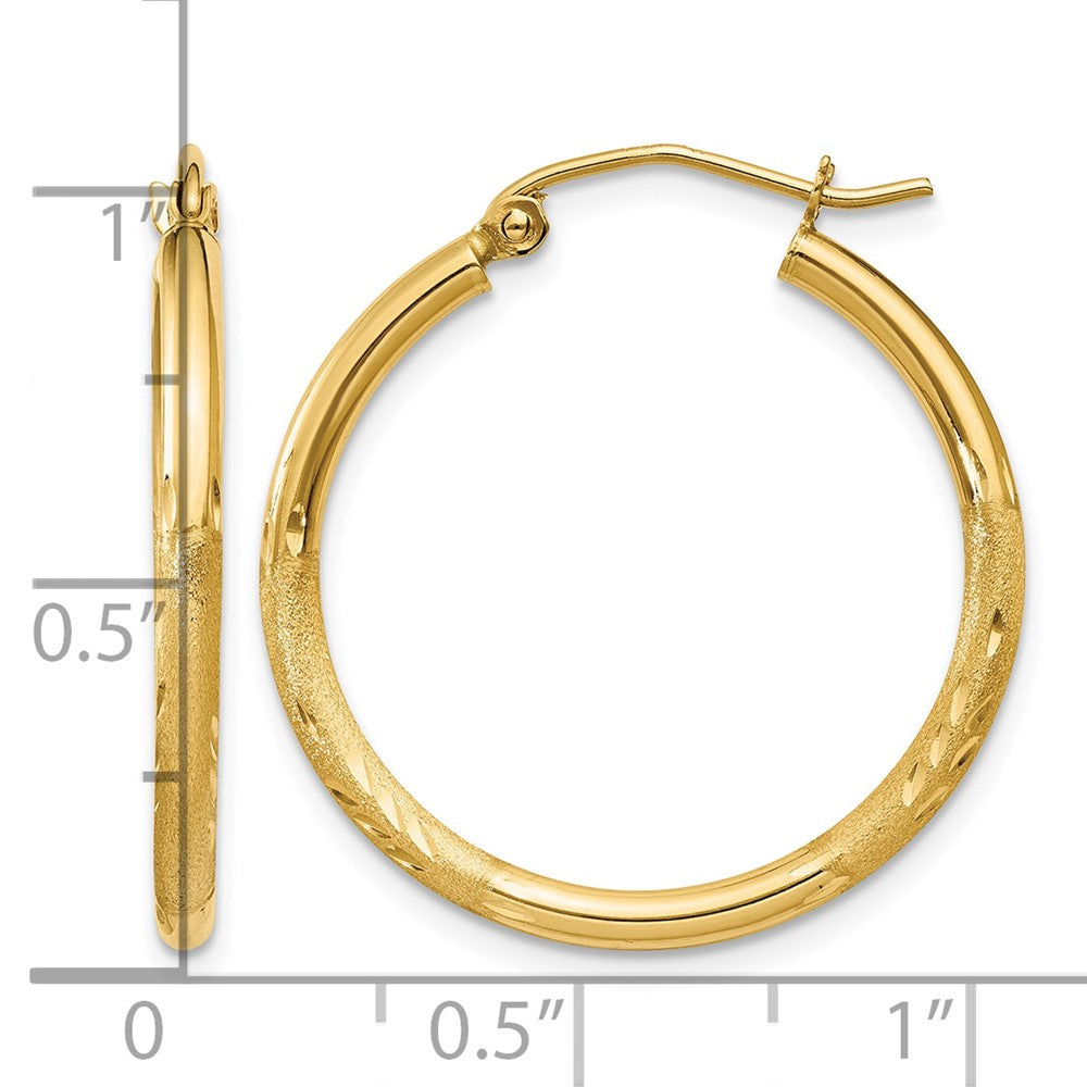 14k Satin and Diamond-cut 2mm Round Tube Hoop Earrings