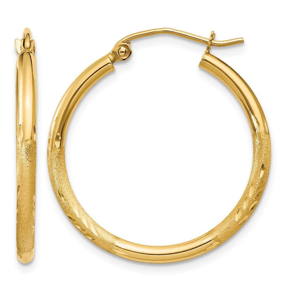 14k Satin and Diamond-cut 2mm Round Tube Hoop Earrings