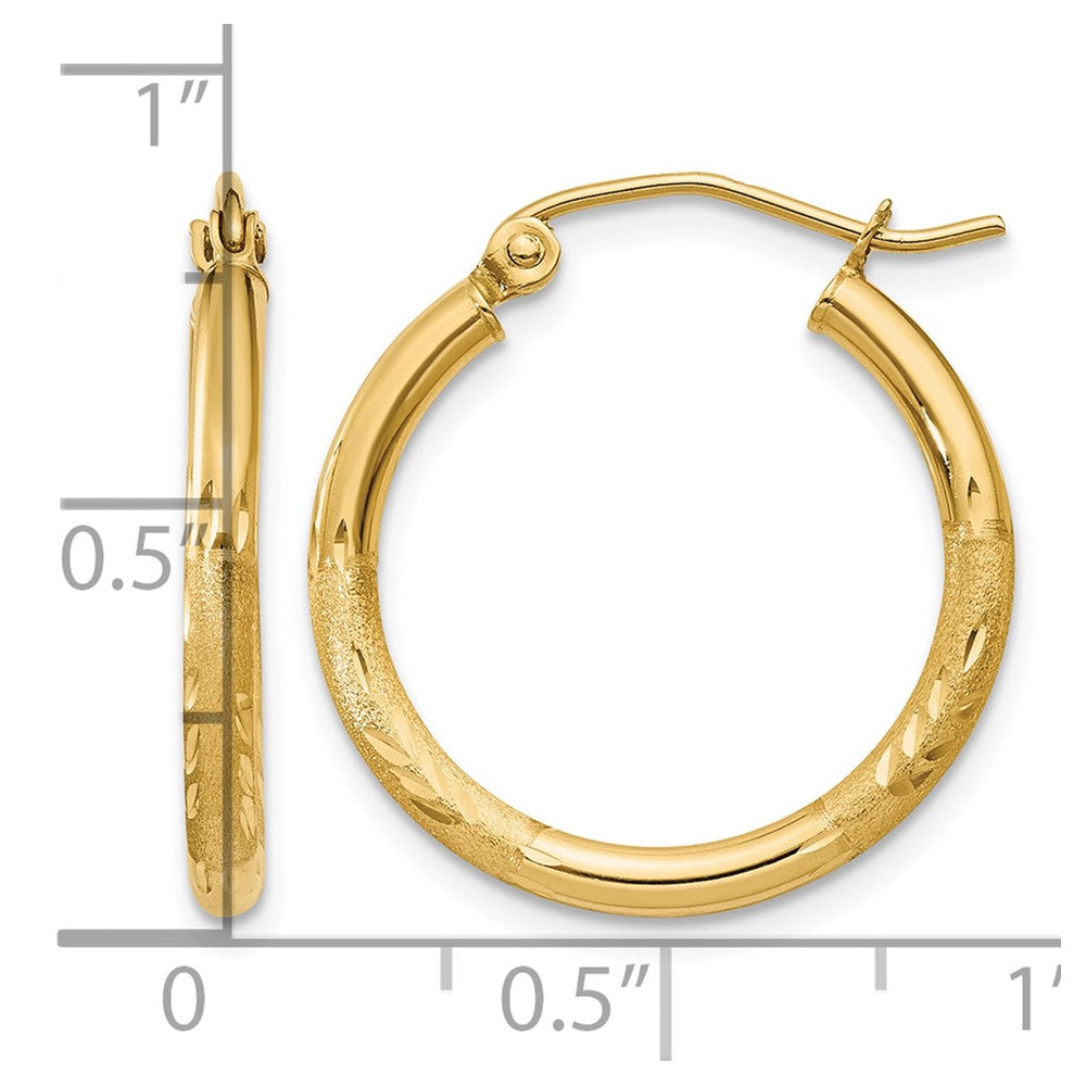 14k Satin and Diamond-cut 2mm Round Tube Hoop Earrings