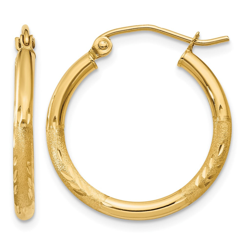 14k Satin and Diamond-cut 2mm Round Tube Hoop Earrings
