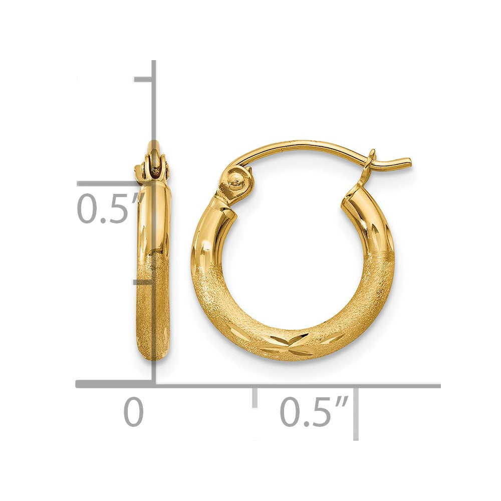 14k Satin and Diamond-cut 2mm Round Tube Hoop Earrings