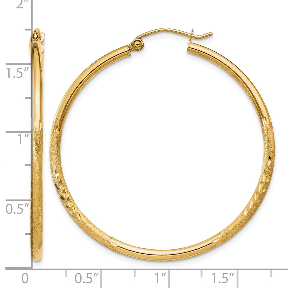14k Satin and Diamond-cut 2mm Round Tube Hoop Earrings