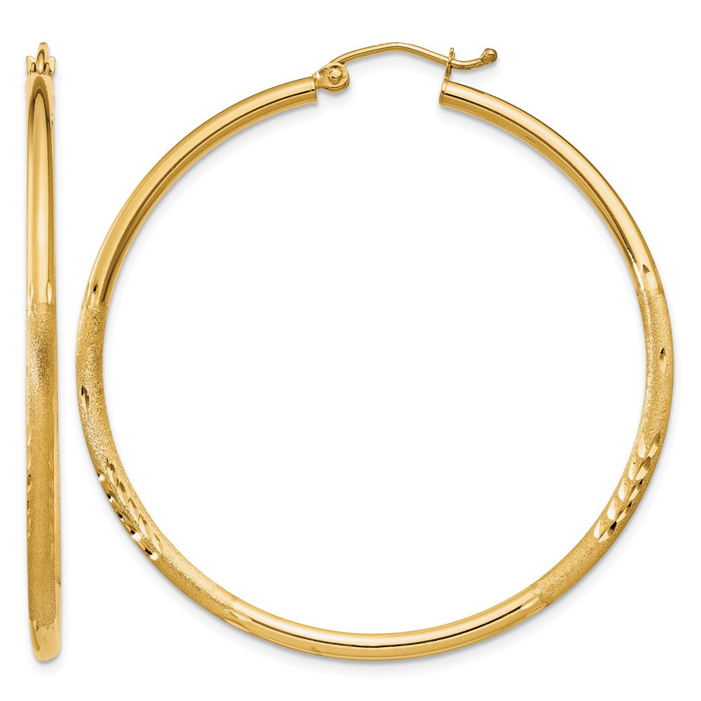 14k Satin and Diamond-cut 2mm Round Tube Hoop Earrings