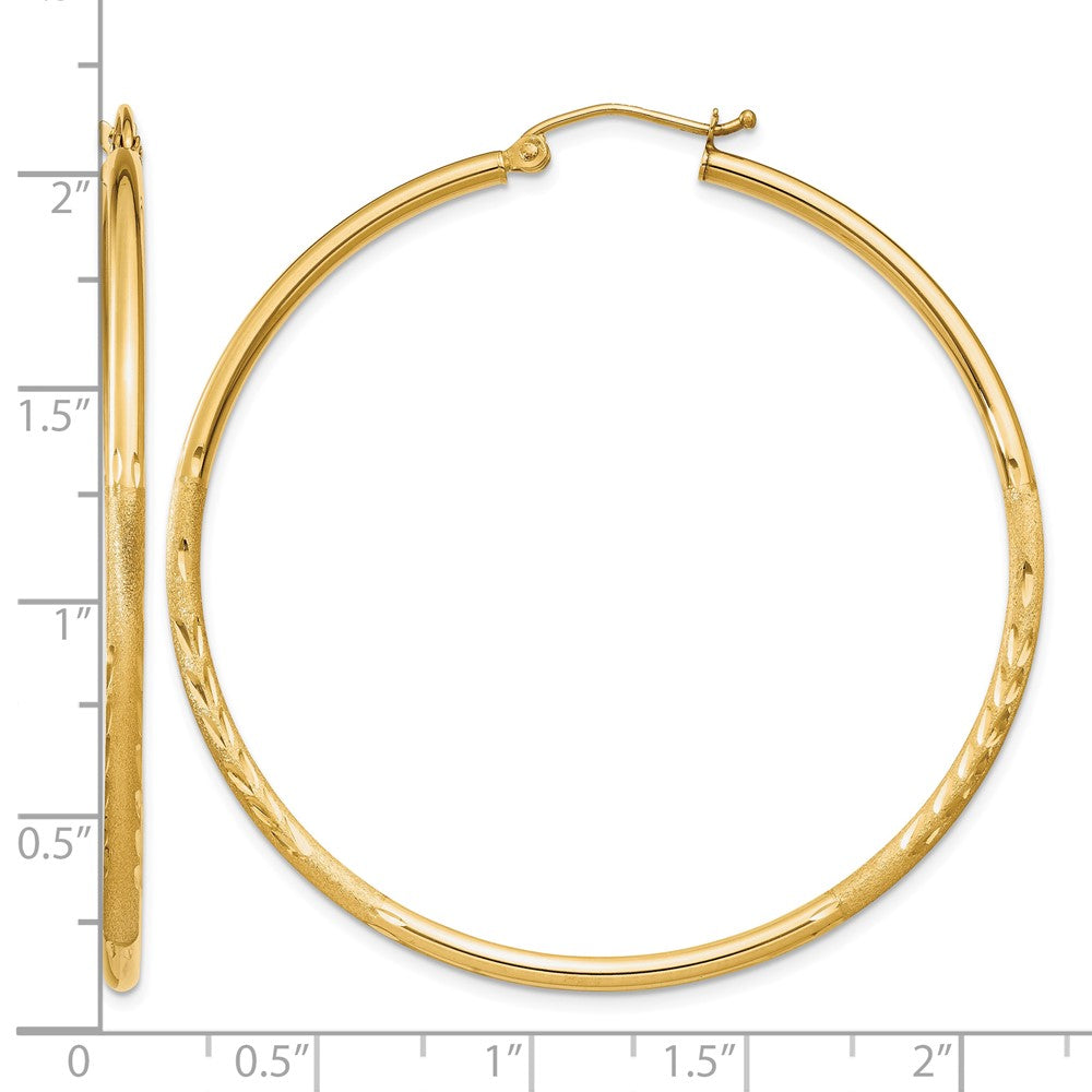 14k Satin and Diamond-cut 2mm Round Tube Hoop Earrings